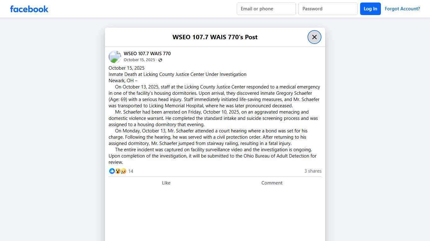 October 15, 2025 Inmate Death at... - WSEO 107.7 WAIS 770 | Facebook